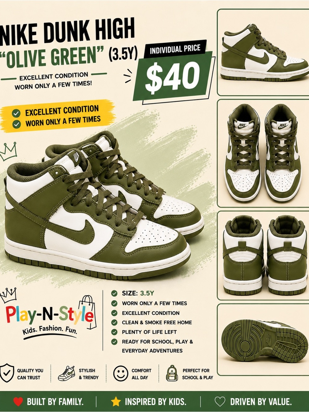 Nike Olive Green and White Dunk High Sneakers